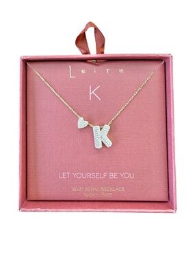 Nordstrom Leith Initial K Rhinestone Heart Necklace Gold Tone NIB 16-18”